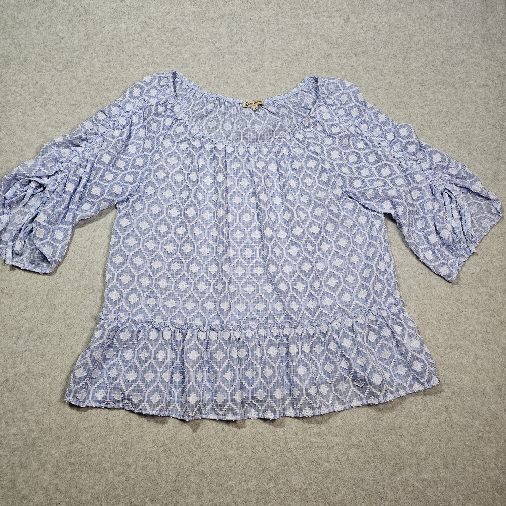 Democracy Sheer Gingham Gathered Sleeve Peplum Top Womens Size Large Blue